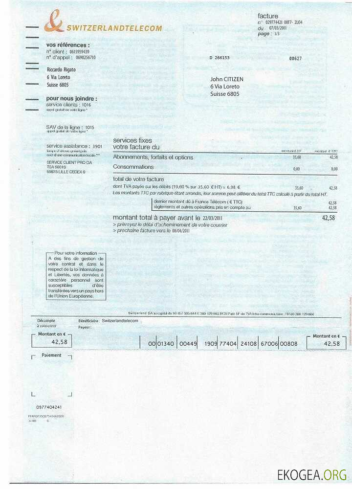 Switzerland Telecom utility bill template, fully editable in PSD format